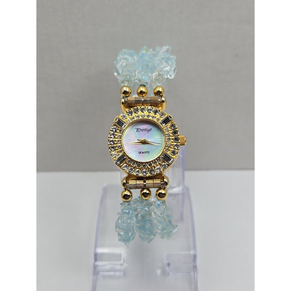 Prestige Womens Quartz MOP Dial Aqua Beaded Rhinestone Jewelry Watch New Battery